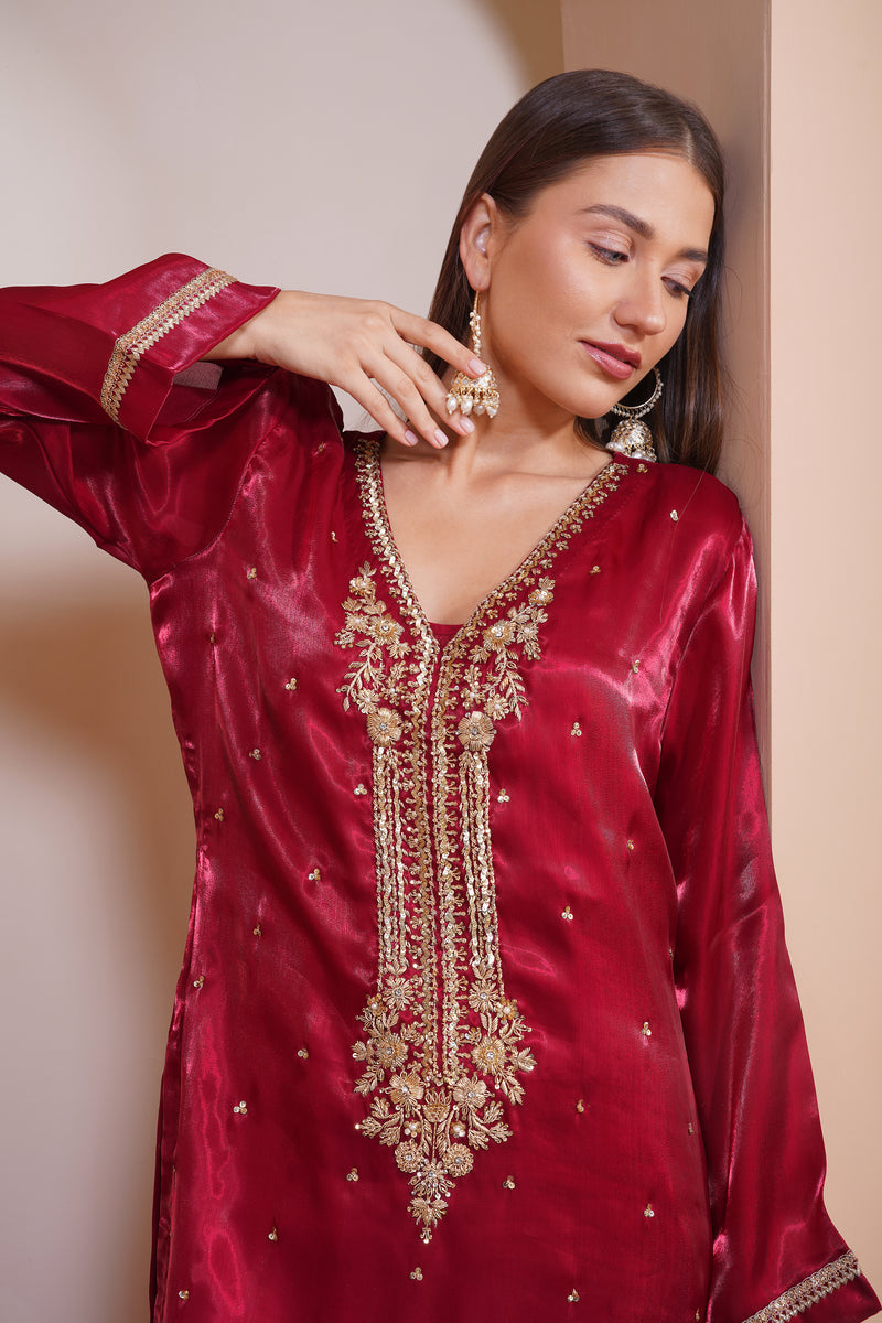 Maroon Velvet Kurta Set