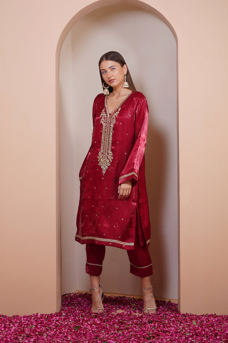 Maroon Velvet Kurta Set