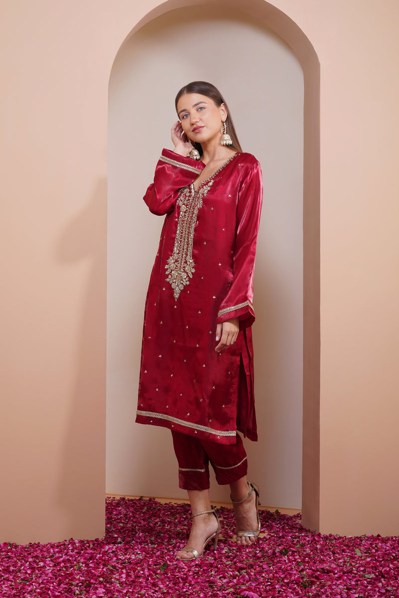 Maroon Velvet Kurta Set