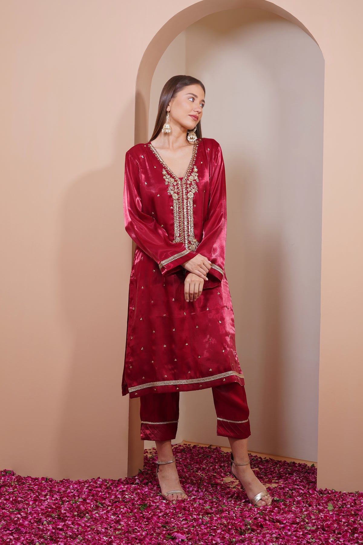 Maroon Velvet Kurta Set