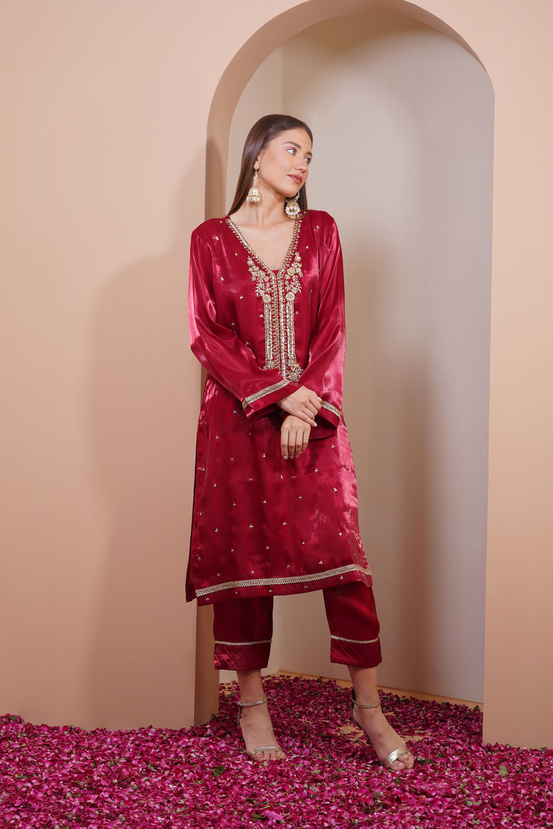 Maroon Velvet Kurta Set