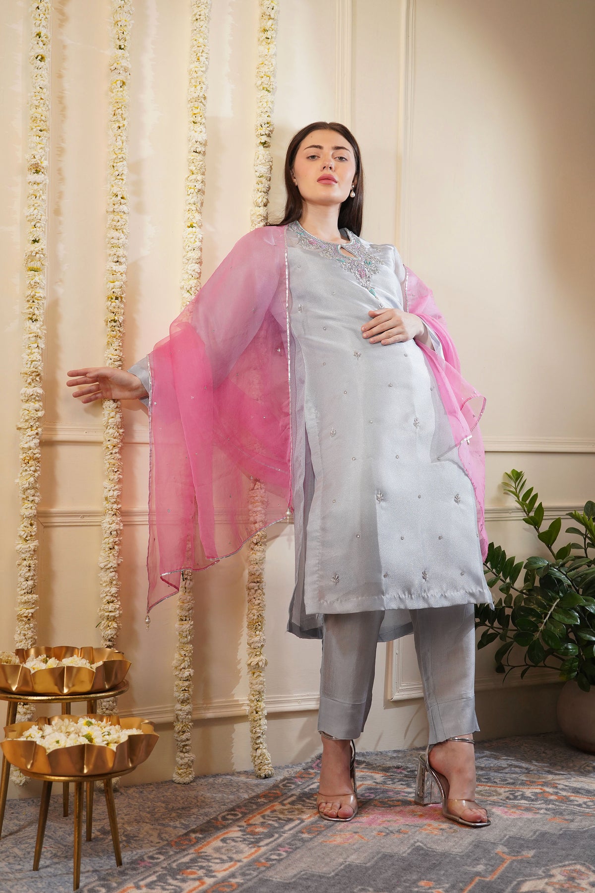 Petite Grey Organza Kurta Set