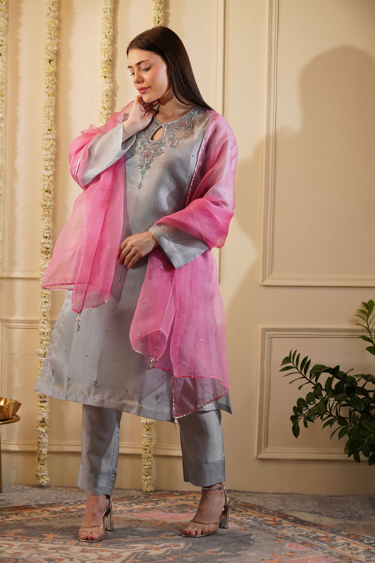 Petite Grey Organza Kurta Set