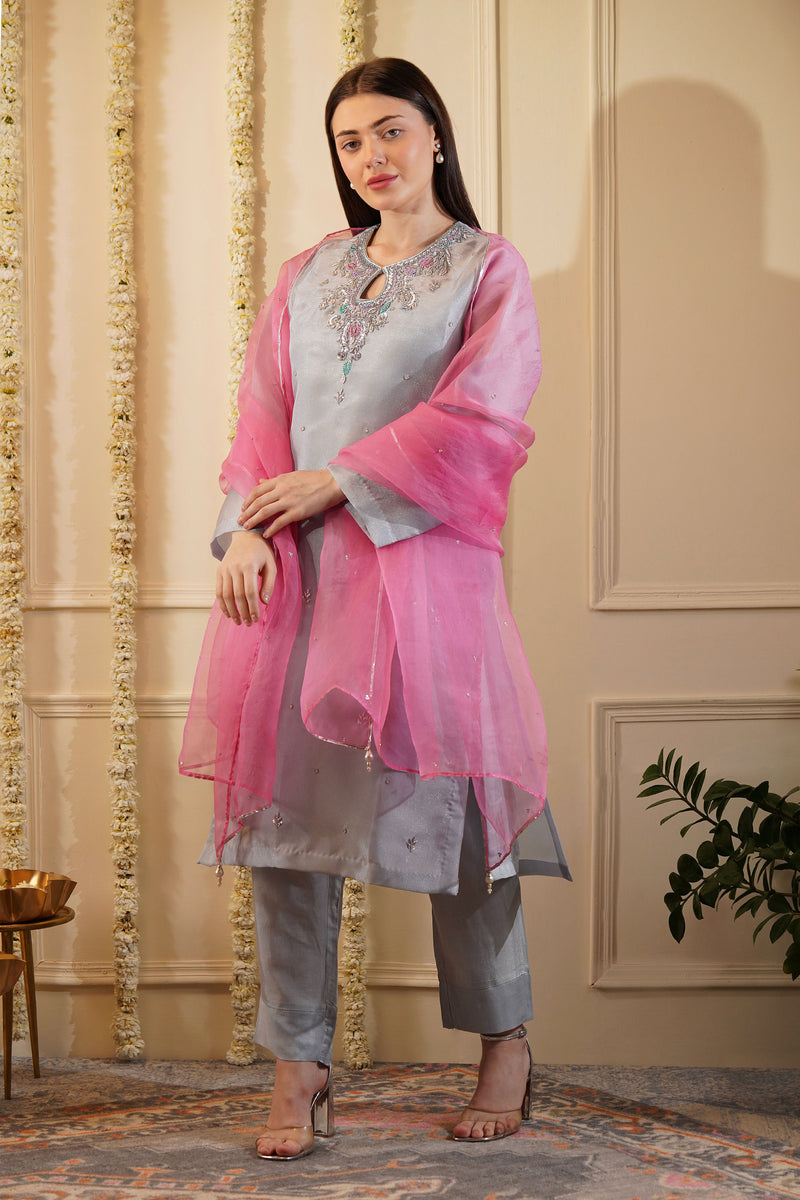 Petite Grey Organza Kurta Set