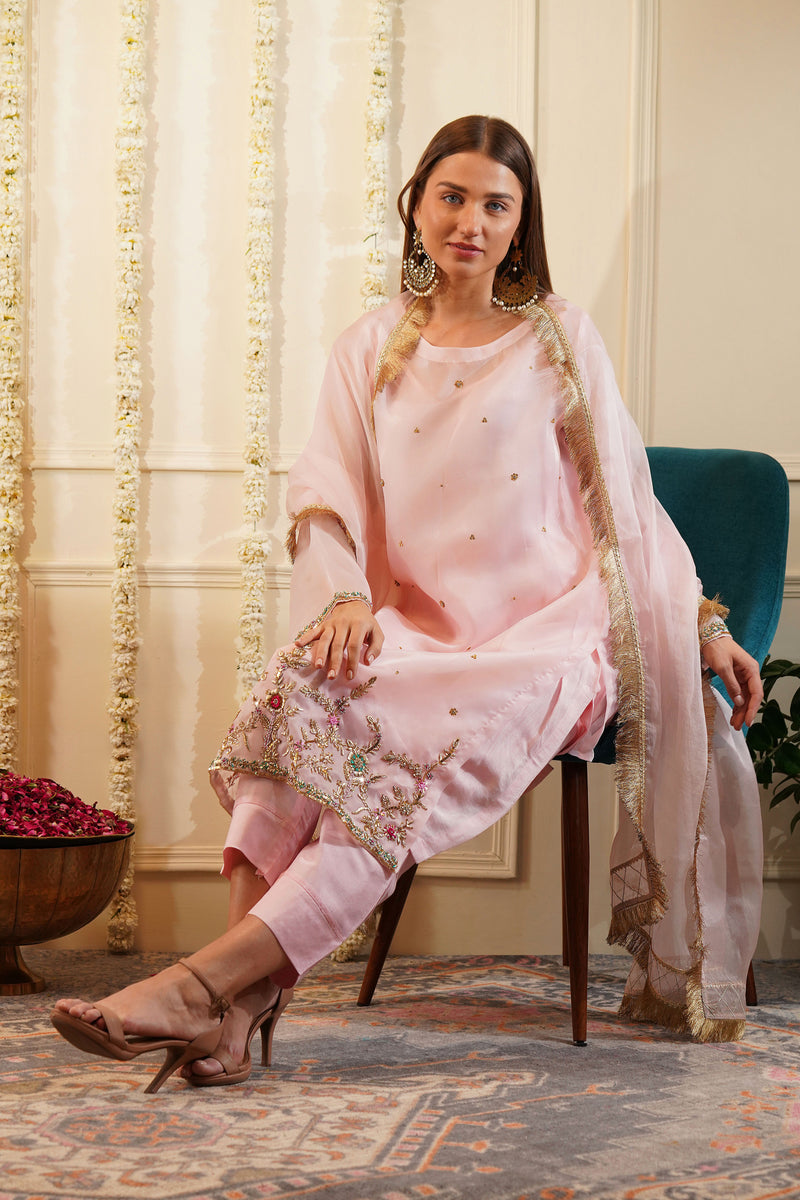 Pink Apple Organza Kurta Set
