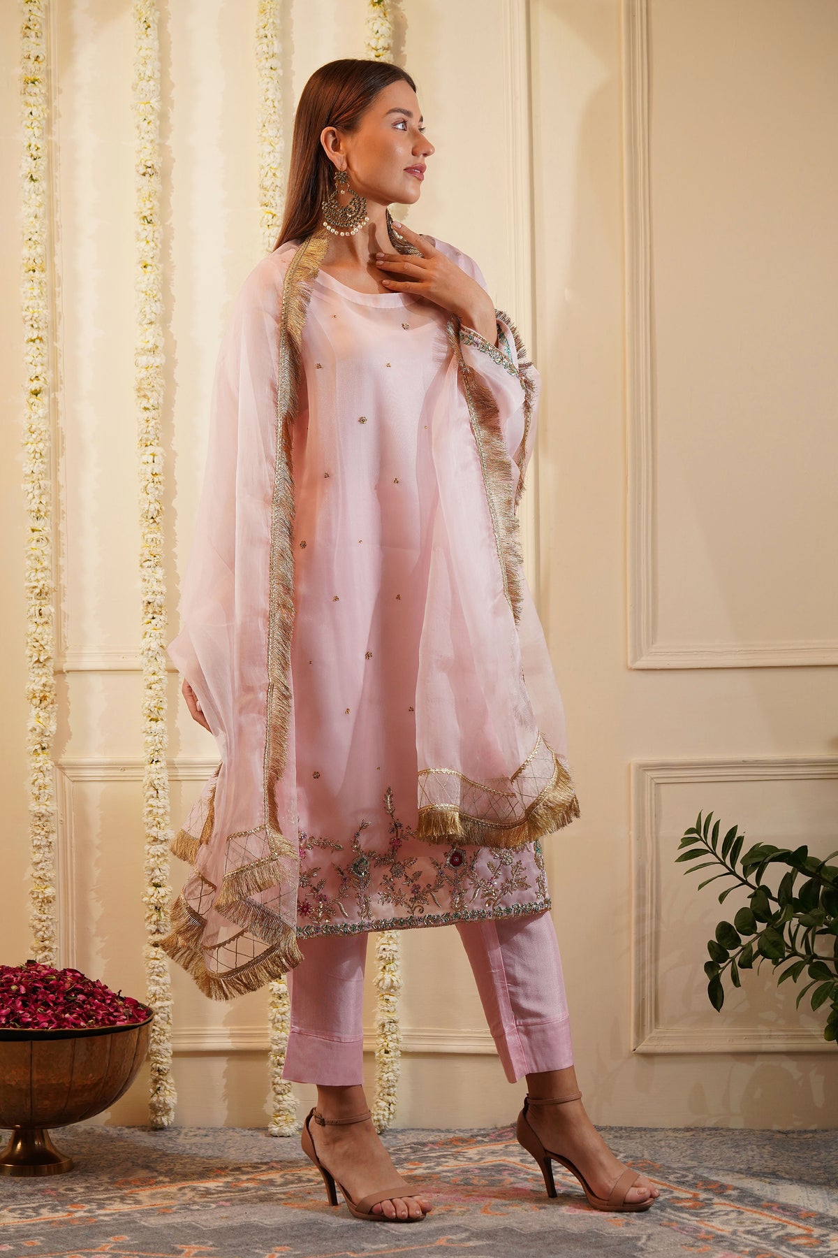 Pink Apple Organza Kurta Set